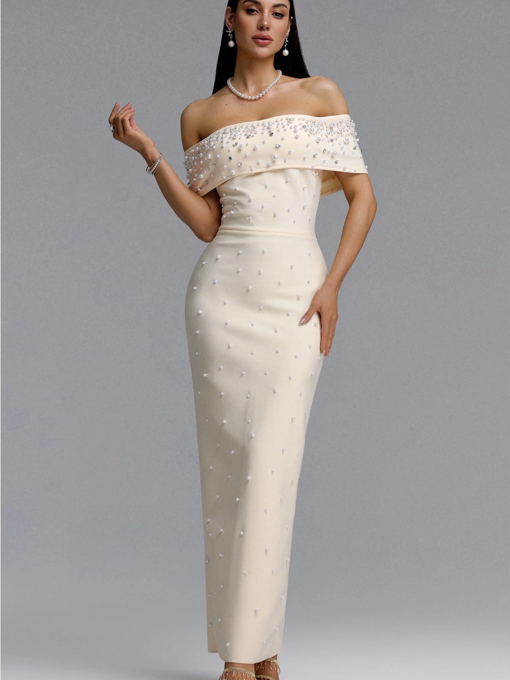 Strapless Ivory Pearl-Embellished Column Dress